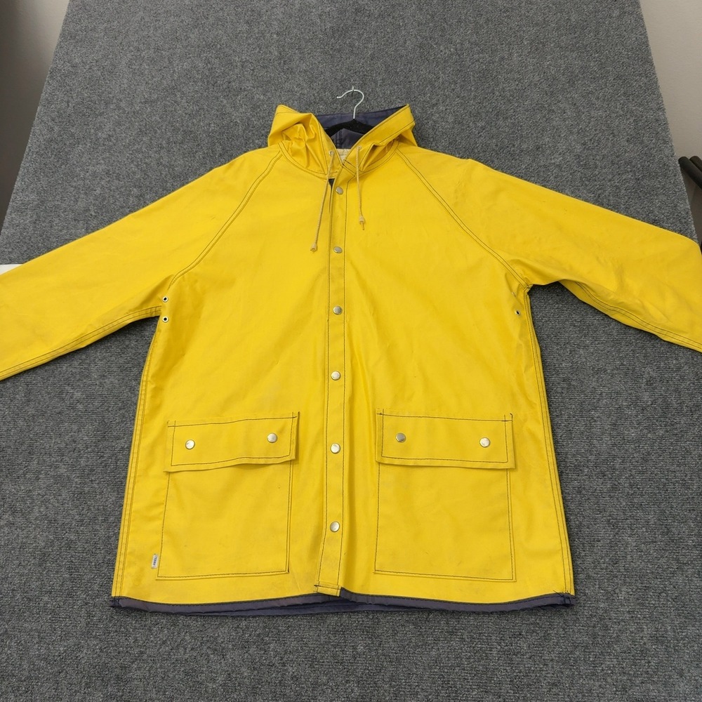 Vintage Abel Apparel Raincoat XL Yellow Vinyl Hooded Snap Utility Gorpcore